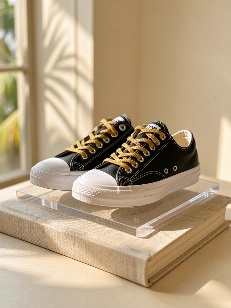 Tênis All Star Chuck Taylor preto de couro com sola de borracha branca e cadarço dourado sobre plataforma acrílica em cima de livro de linho bege, luz natural suave.