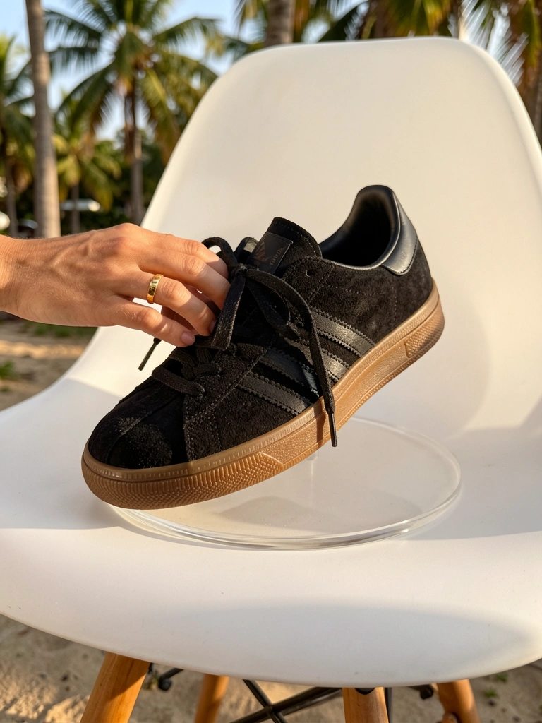 Mão feminina com anel de ouro segurando tênis preto Adidas de camurça com sola de borracha sobre disco acrílico em cadeira branca Eames, luz natural tropical.