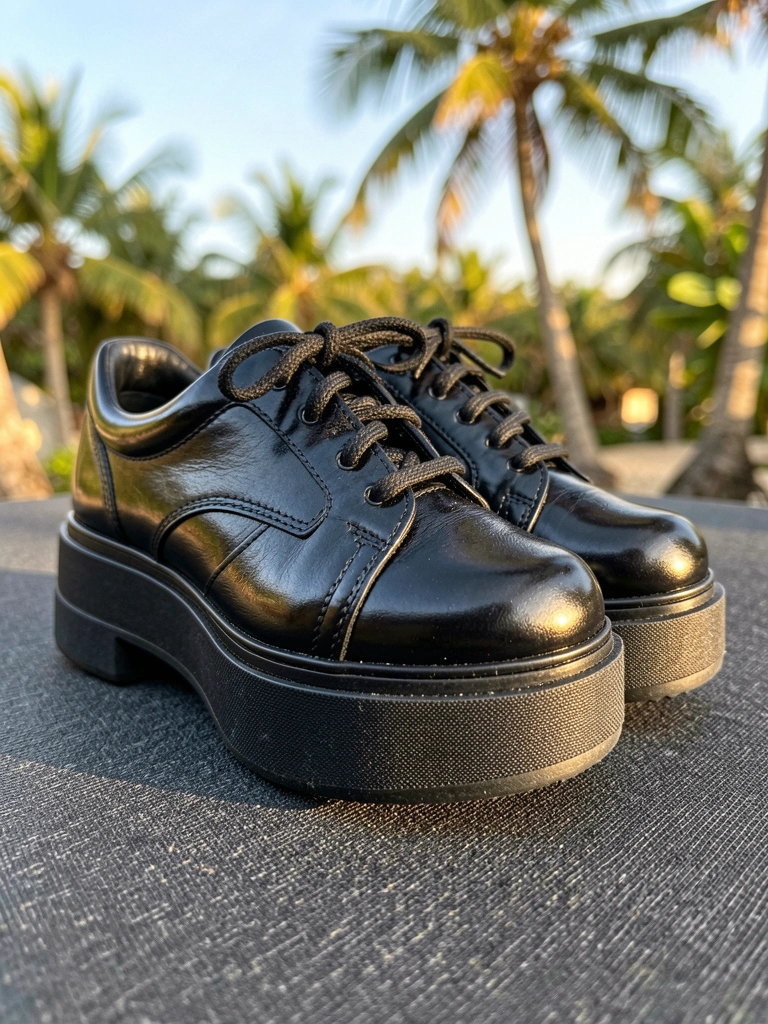 Tênis preto de plataforma com cadarço amarrado, costura aparente e couro brilhante sobre superfície texturizada cinza escura, luz natural refletindo no calçado.