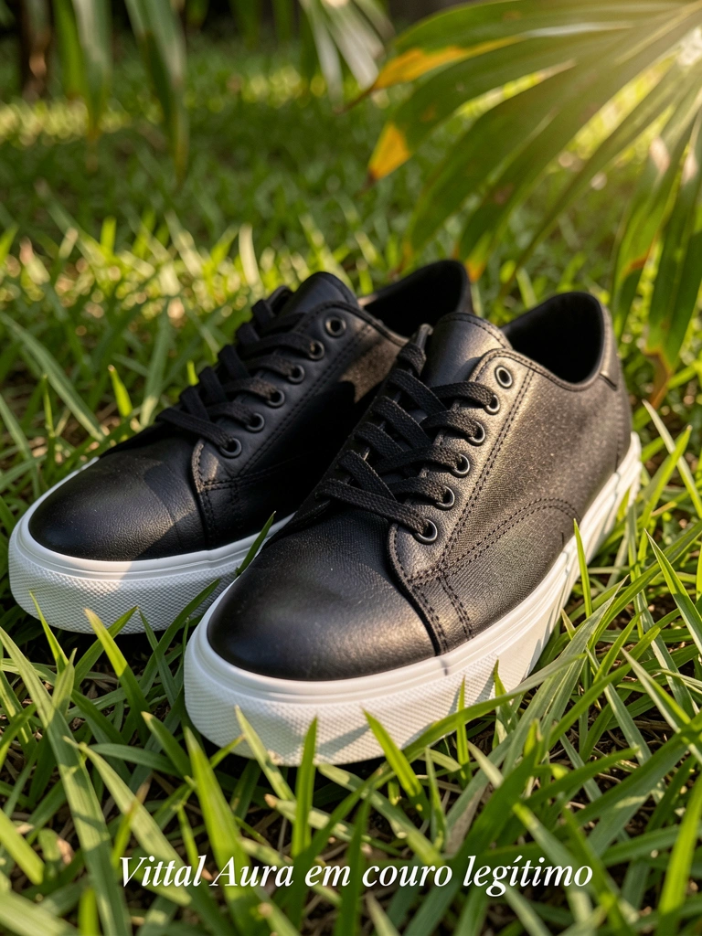 Tênis preto de couro e lona com sola branca e cadarços, sobre grama verde, luz natural suave e fundo desfocado.