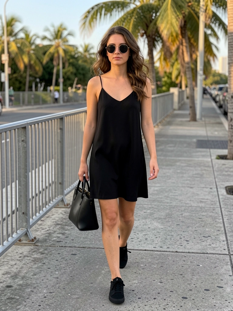 Jovem de cabelo ondulado e óculos redondos, vestido preto e tênis preto, bolsa de couro preta a tiracolo, calçada de concreto cinza com grade metálica, luz natural do dia.