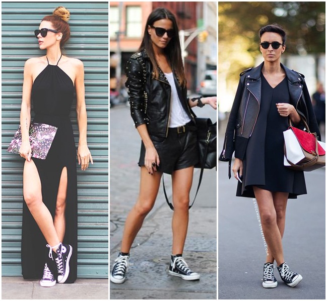 vestido midi com tênis preto