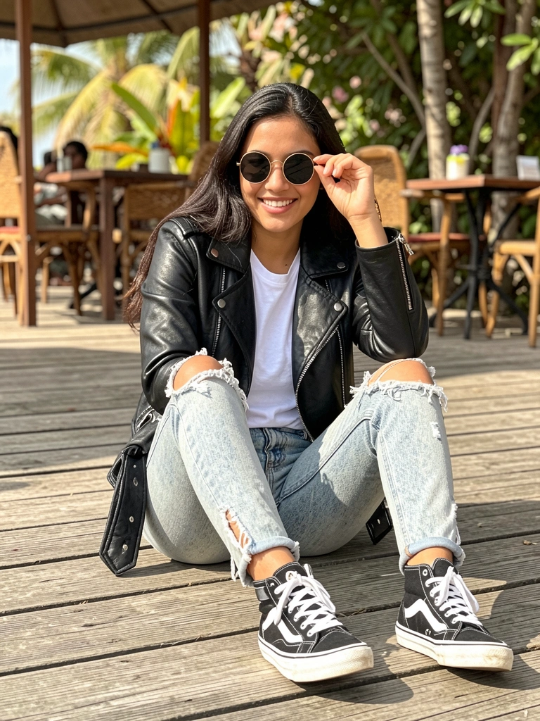 Jovem de jaqueta de couro preta e tênis Vans branco e preto sentada em um píer de madeira desgastado, ajustando os óculos escuros redondos, com um café ao ar livre desfocado ao fundo sob luz natural.