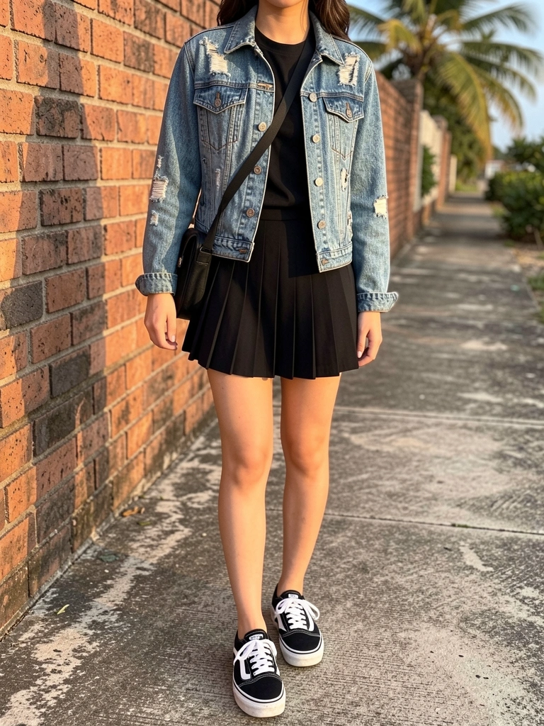 Mulher jovem com jaqueta jeans desgastada, saia plissada preta e tênis Vans preto em calçada de concreto, com parede de tijolos avermelhados ao fundo, luz natural quente.
