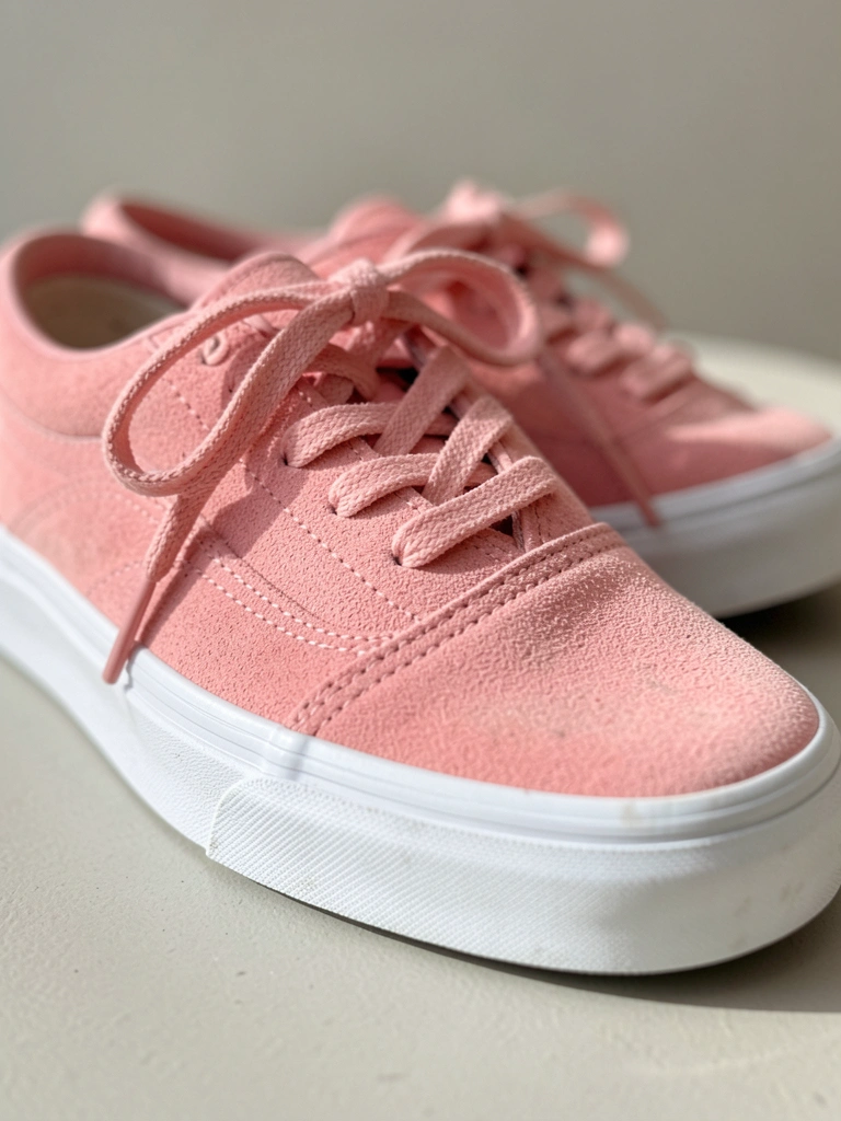 Tênis rosa Pink Vans Authentic em close, suede macio e sola de borracha branca, cadarços com nó solto, luz natural e fundo neutro.