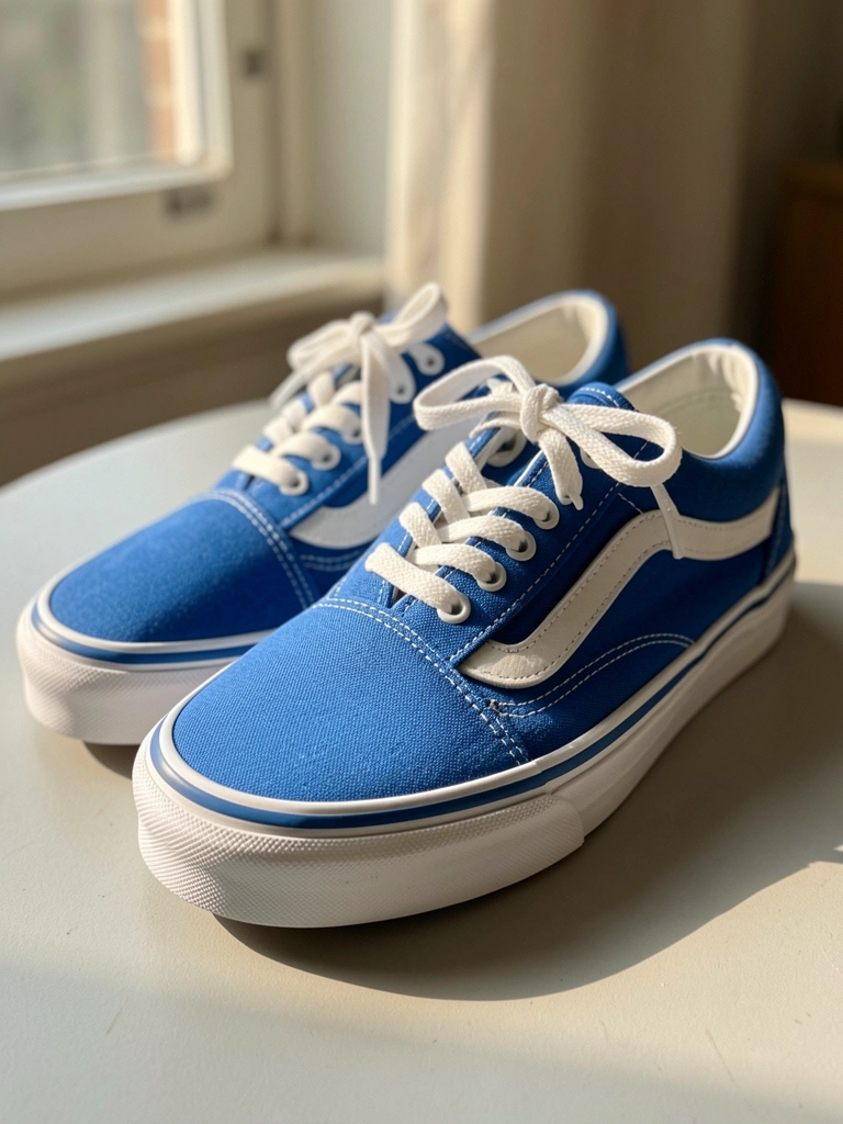 Tênis Vans Old Skool azul e branco sobre superfície cinza clara, cadarços amarrados, luz natural suave criando sombras.