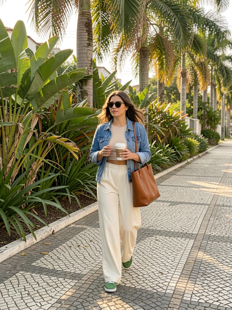 Mulher de jaqueta jeans e calça off-white segurando copo de café e bolsa de couro marrom, caminhando em calçada com palmeiras ao fundo, luz natural.