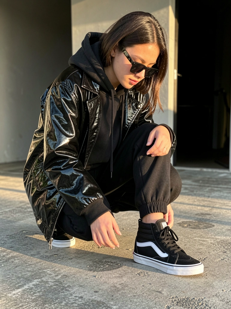 Tênis preto Vans High-Top em foco, mulher agachada com jaqueta vinil preta brilhante, calça e moletom pretos, chão de concreto cinza e porta escura ao fundo, luz natural tropical.