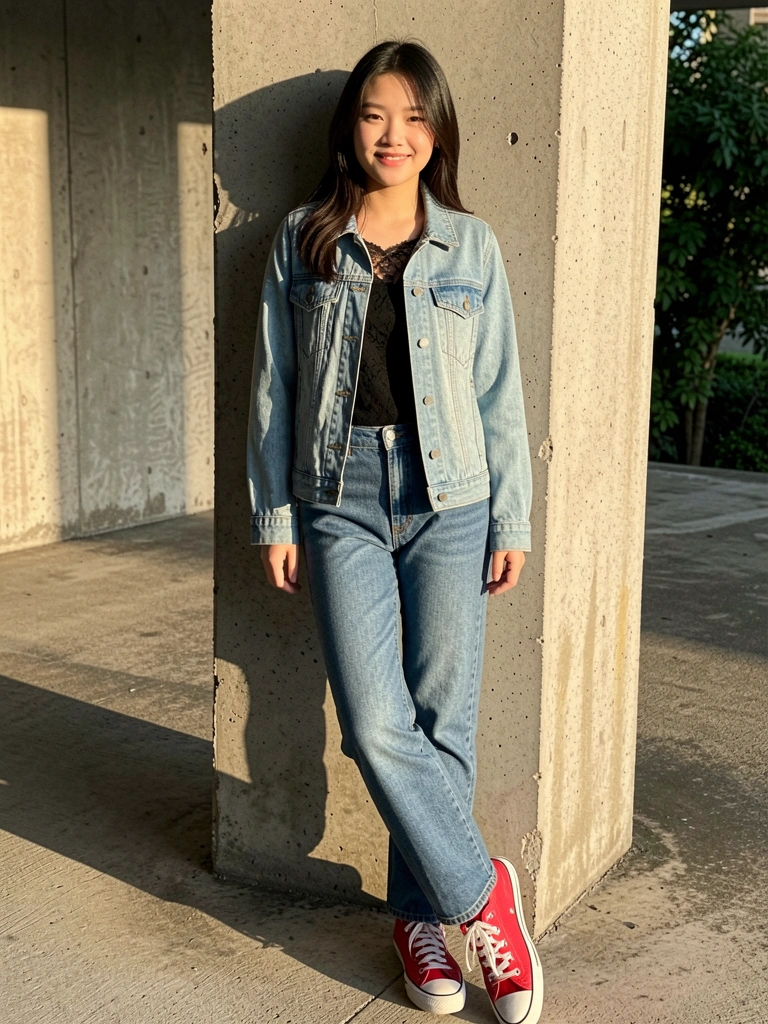 Jovem asiática sorrindo, jaqueta jeans desgastada sobre renda preta, tênis vermelho, encostada em pilar de concreto sob luz natural com sombras longas, parede texturizada e vegetação ao fundo.