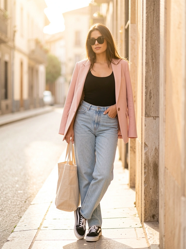 Blazer rosa claro sobre os ombros, jeans azul claro, tênis Vans preto e bolsa bege, luz natural de rua ensolarada.