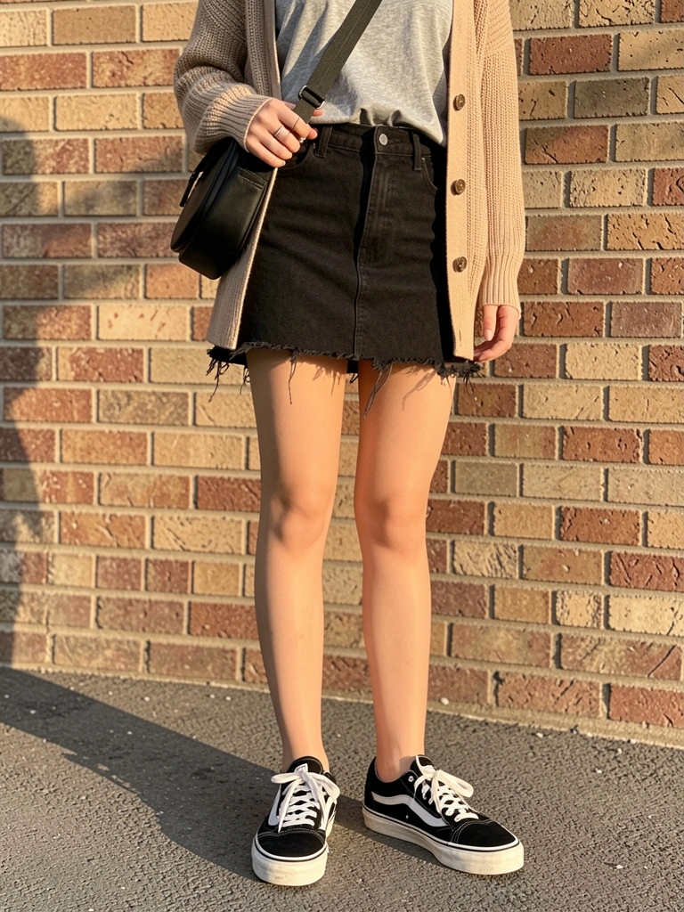 Tênis Vans preto, saia jeans preta com franjas, bolsa tiracolo preta, parede de tijolos texturizada com luz natural.