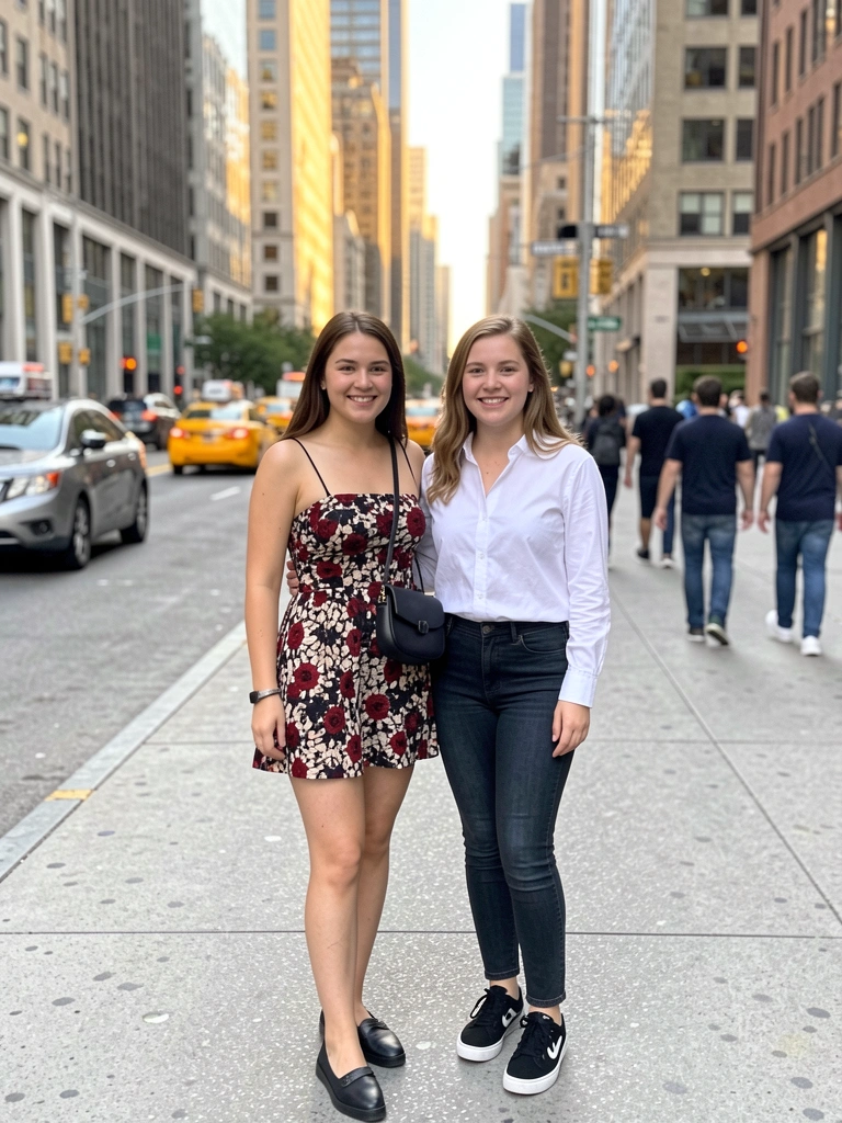 Duas mulheres em rua movimentada, uma com vestido floral vermelho e preto e bolsa transversal, outra de camisa branca e tênis preto, edifícios modernos ao fundo, luz de tarde ensolarada.