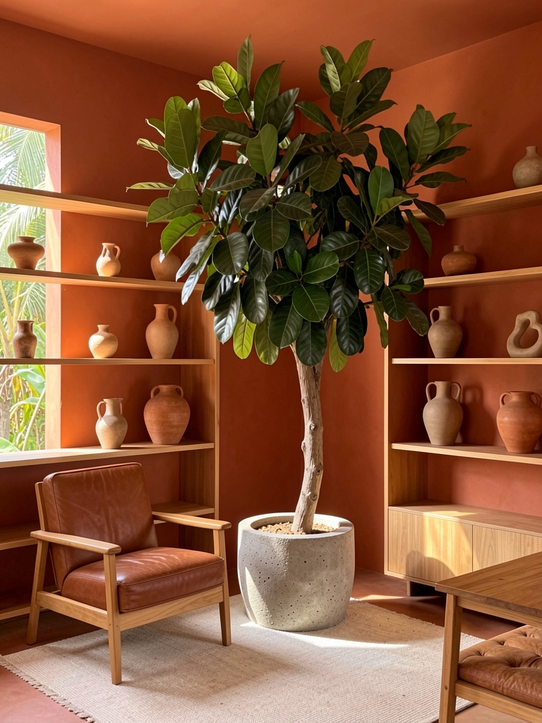 Ficus alto em vaso de concreto sobre carpete claro, poltrona de couro marrom, paredes de terracota e prateleiras de madeira clara com vasos cerâmicos.