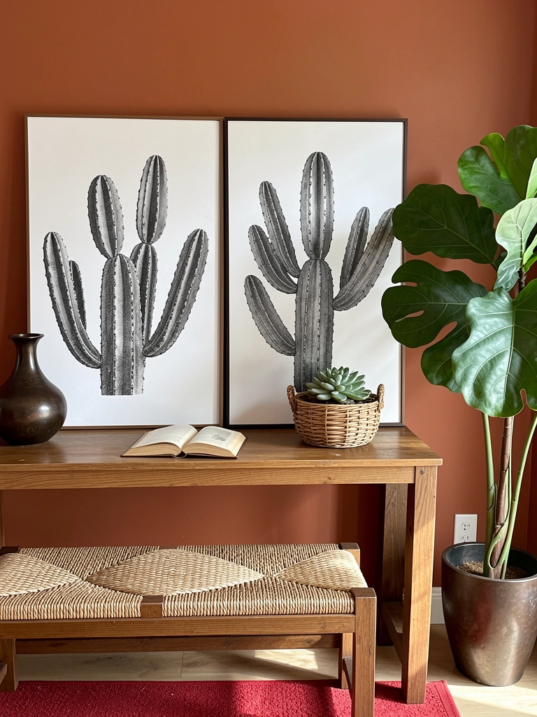 Pranchas botânicas de cactos em preto e branco sobre aparador de madeira, com banco trançado e vaso de chão em bronze escuro.