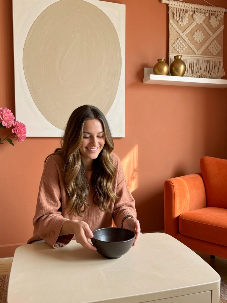Mesa de centro bege com tigela cerâmica escura, parede terracota com pintura oval abstrata e poltrona laranja ao lado, luz suave natural.