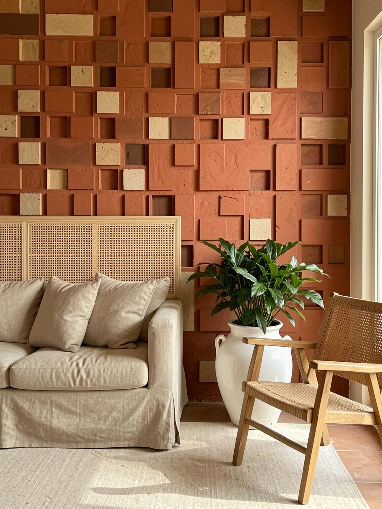 Parede texturizada de terracota com padrão geométrico marrom e bege, sofá de linho claro e vaso de cerâmica branco com planta verde.