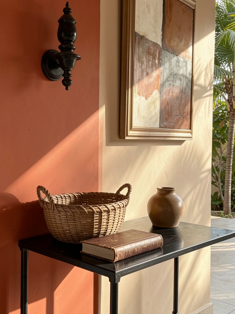 Mesa lateral de metal escuro com cesto de vime e vaso de cerâmica, parede com gradiente terracota e bege, luz natural tropical.