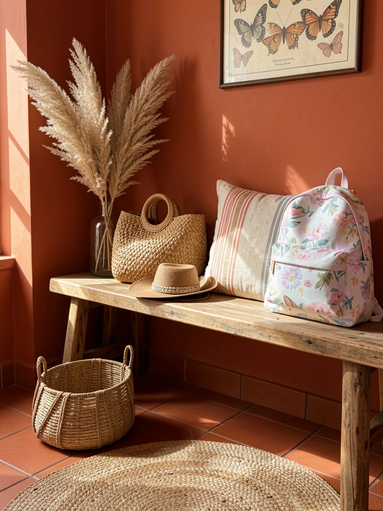 Banco rústico de madeira com cesta de palha, vaso de vidro com capim-dos-pampas e almofada listrada, parede terracota ao fundo.