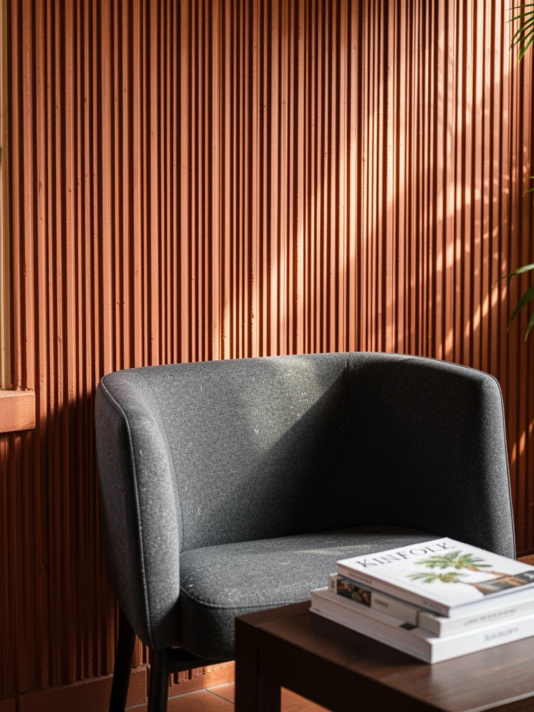 Parede texturizada de terracota com poltrona cinza escura e mesa de madeira com livros empilhados sob luz natural.