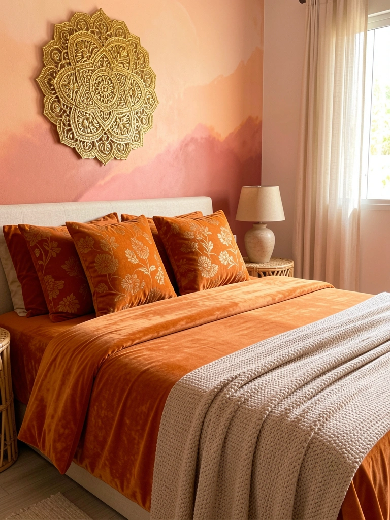 Cama com edredom laranja aveludado, manta bege texturizada e almofadas com estampa floral, sob mandala dourada na parede com fundo em degradê pêssego.