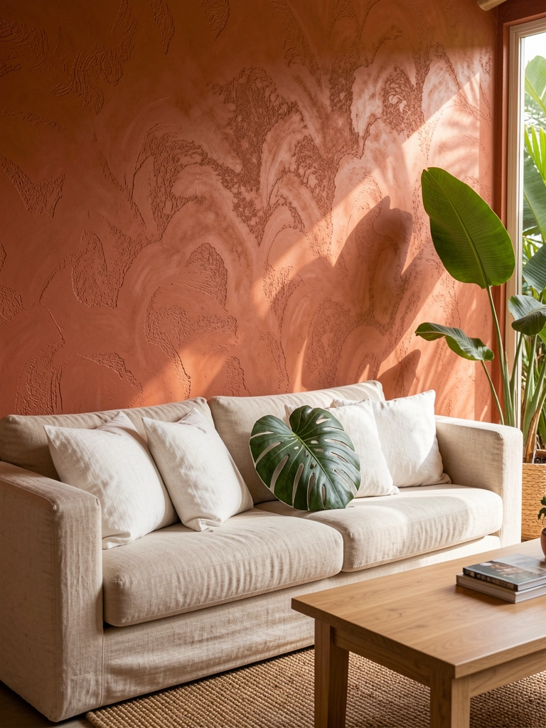 Parede texturizada terracota com sofá bege, almofadas brancas com folha de Monstera, mesa de centro de madeira clara e tapete trançado, luz natural.