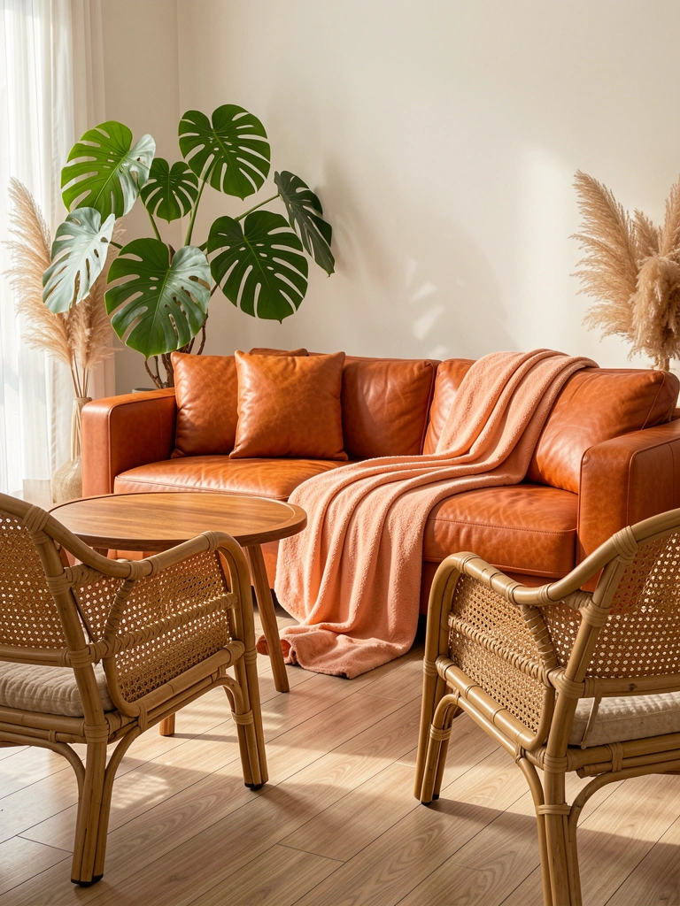 Sofá terracota em couro texturizado, poltronas de rattan, mesa redonda de madeira e vaso de Monstera sob luz natural difusa.