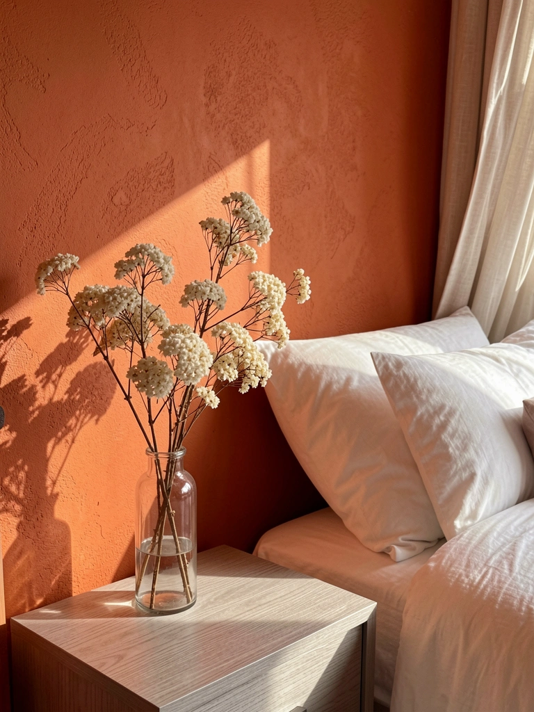 Parede de terracota com galho seco de flores brancas em vaso de vidro sobre criado-mudo cinza claro, cama branca ao lado.