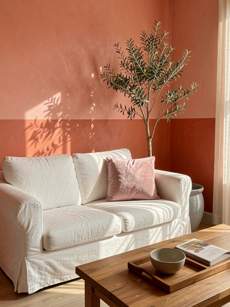 Sofá de linho branco com almofada rosa-claro, parede coral texturizada e vaso de oliveira ao lado, luz natural filtrada.