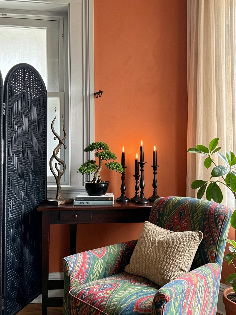Parede de terracota com janela de moldura cinza e cortina bege, biombo preto de vime à esquerda, console mogno com livros, vaso preto e bonsai, poltrona estampada verde-vermelha-azul com almofada texturizada, vaso de planta perto da janela, luz natural suave.