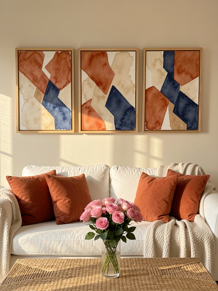 Três quadros abstratos com formas geométricas em terracota, bege e azul-marinho emoldurados em madeira sobre parede bege clara, sofá branco com almofadas terracota e manta texturizada, vaso de rosas em mesa de centro trançada, luz natural suave.