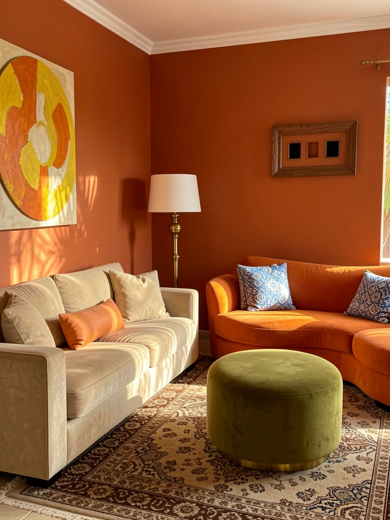 Sofá bege felpudo com almofada laranja, poltrona curva laranja e pufe verde-oliva sob luz natural, parede terracota ao fundo.
