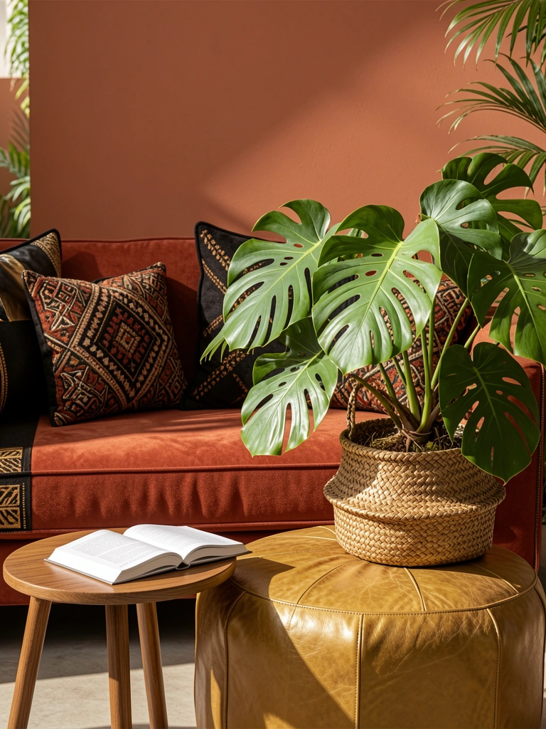 Sofá terracota com almofadas geométricas, pufe de couro dourado com planta Monstera em cesto, mesa redonda com livro aberto, luz natural.