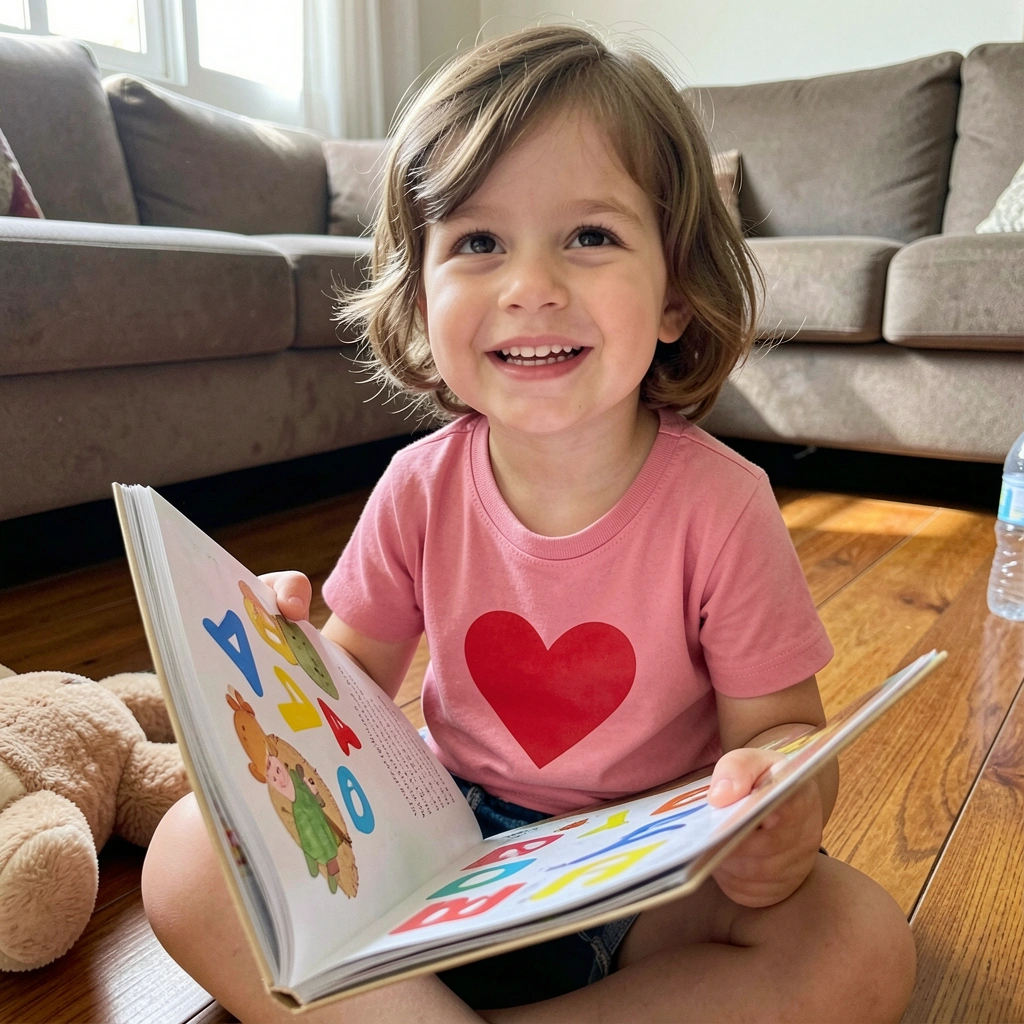 Criança sentada no chão, segurando um livro aberto com letras grandes e coloridas.