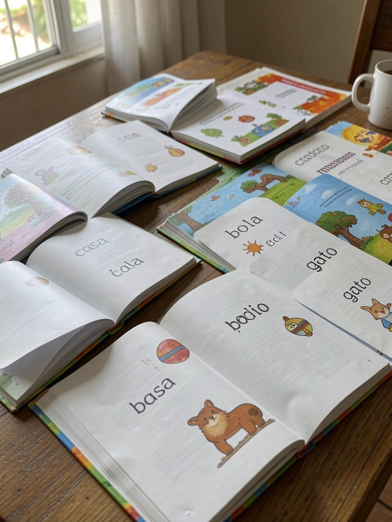 Livros infantis abertos com páginas exibindo palavras curtas e coloridas.