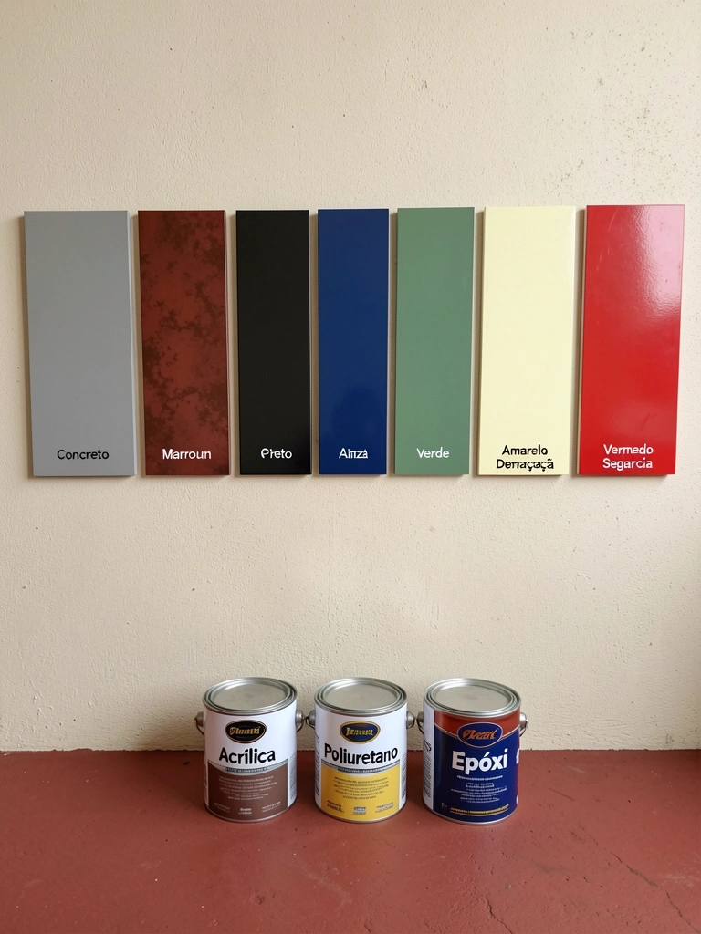 Três latas de tinta ao lado de um piso externo pintado, mostrando acabamentos acrílico, poliuretano e epóxi.