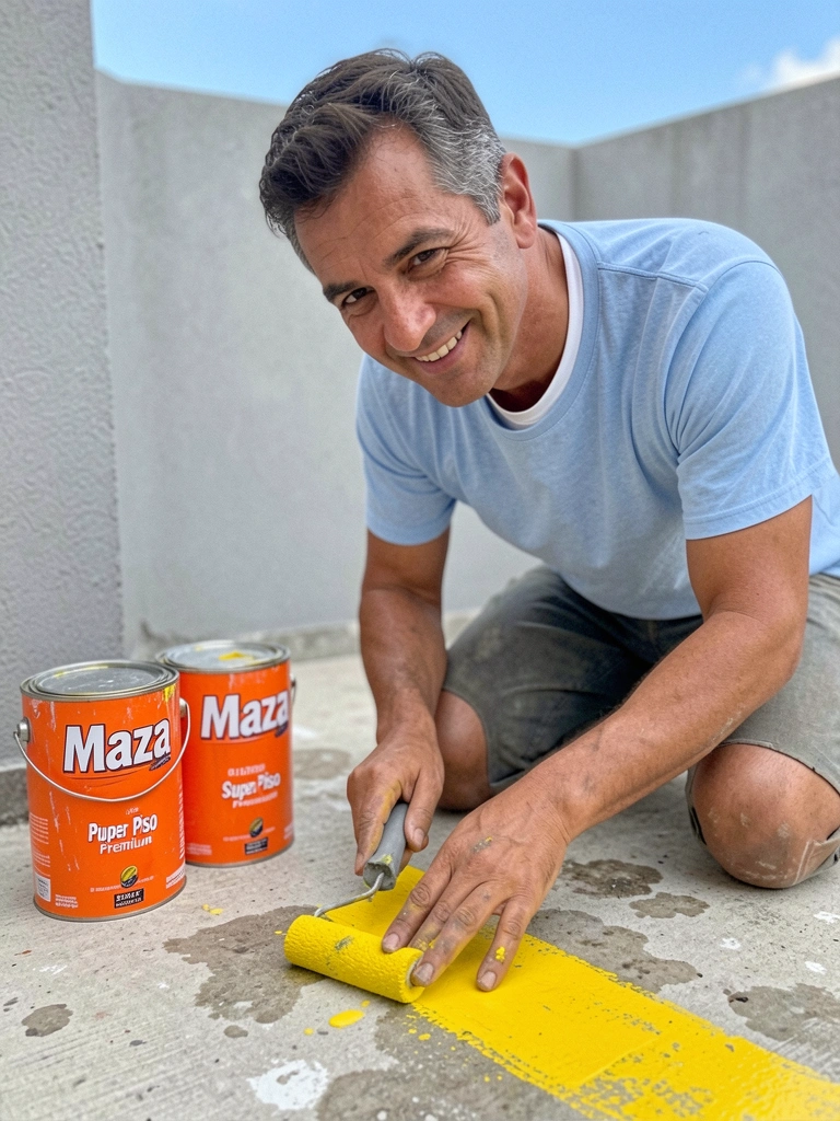 Rolo de pintura aplicando tinta acrílica em piso de varanda
