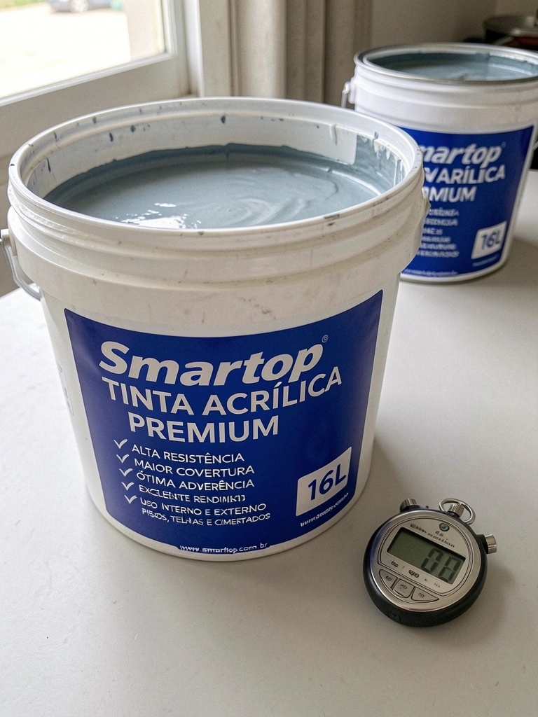 Cronômetro digital ao lado de latas de tinta abertas sobre superfície de madeira.