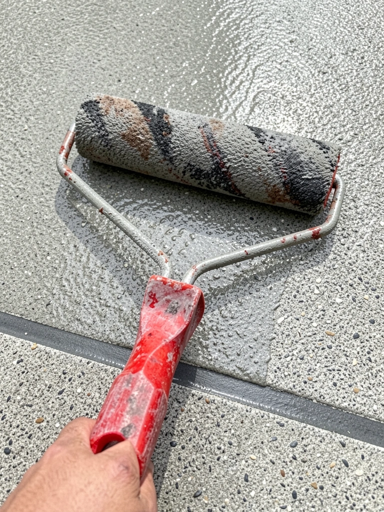 Piso externo com textura antiderrapante e adesivo de proteção UV aplicado sobre a superfície.