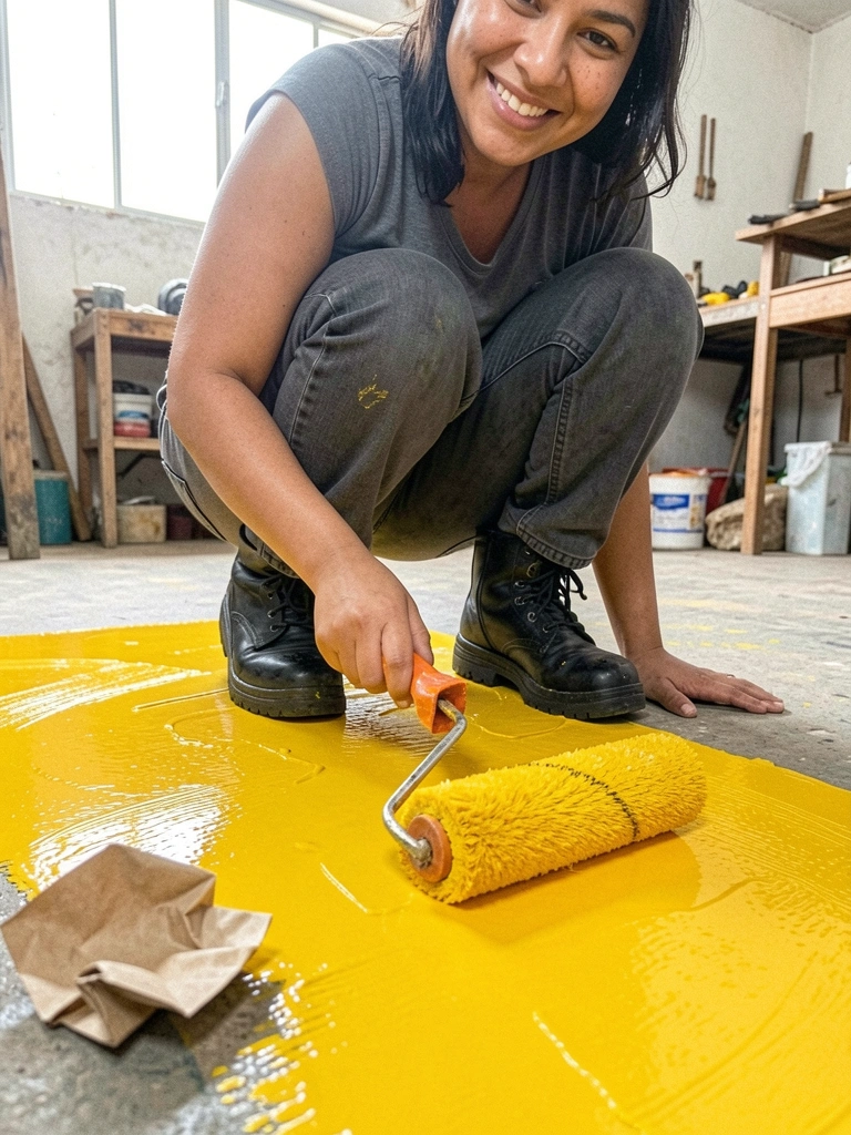 Mulher agachada pintando piso com rolo de espuma, sem luvas ou óculos de proteção.