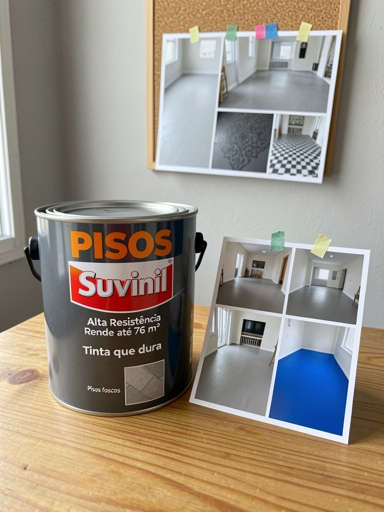 Colagem com quatro ambientes mostrando pisos pintados em diferentes cores e padrões.