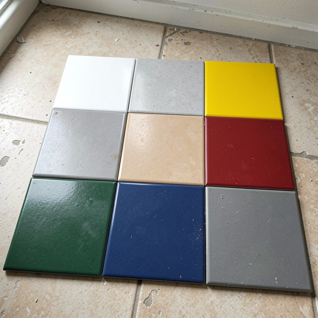 Amostras de pisos com diferentes acabamentos sobrepostas para comparação visual.