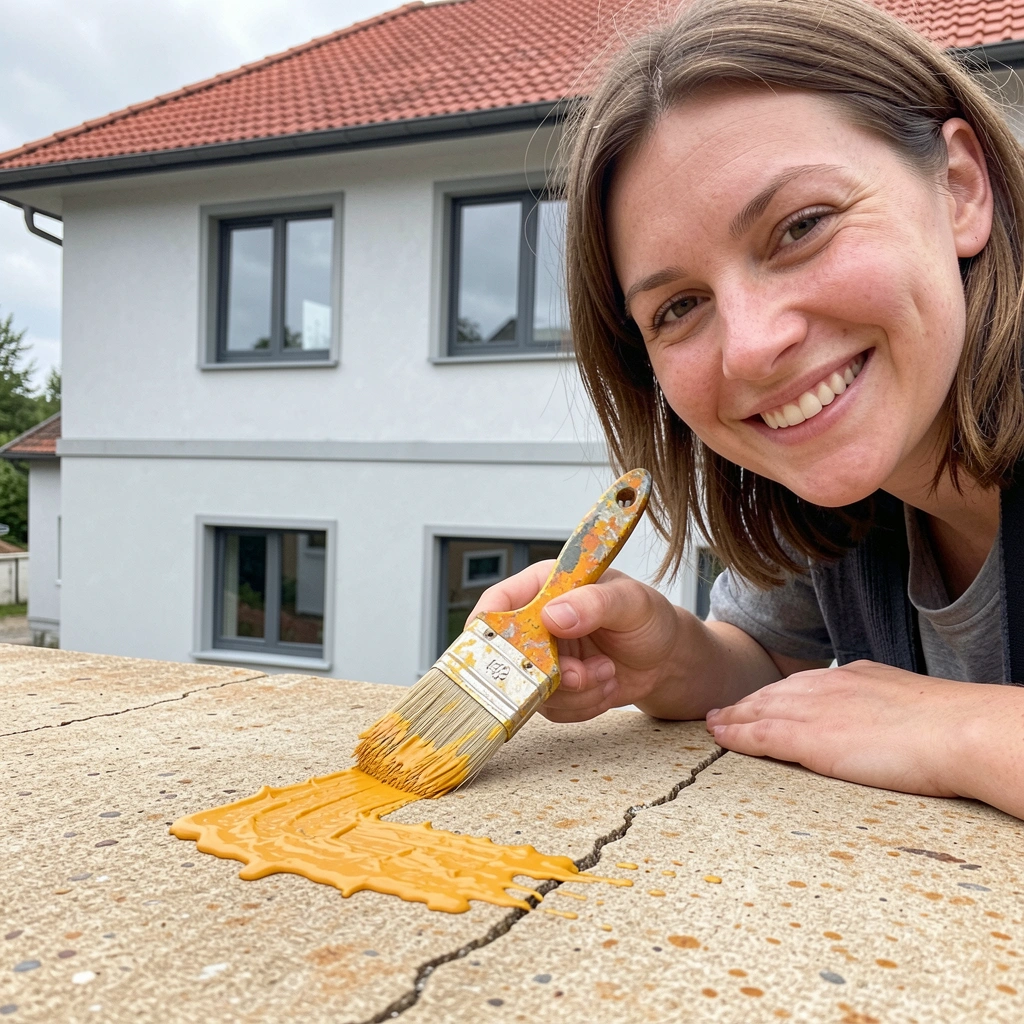 Mãos segurando um rolo de pintura sobre uma superfície de concreto, com latas de tinta e pincéis ao lado.
