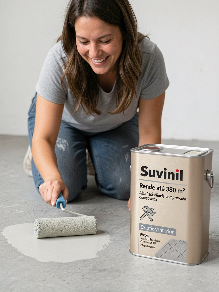 Rolo de pintura aplicando primer em piso de concreto