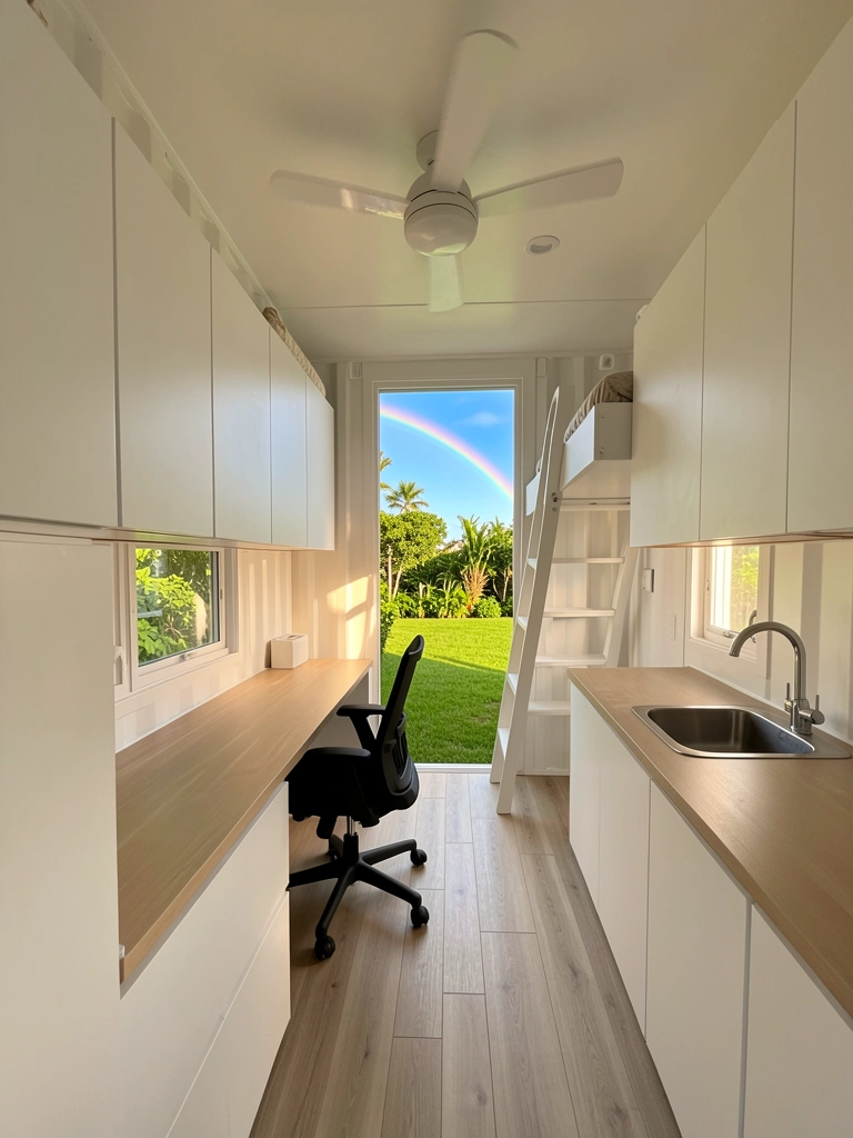Grande janela com arco-íris no céu azul ilumina interior de container home branco com escrivaninha, pia inox e mezanino com cama.