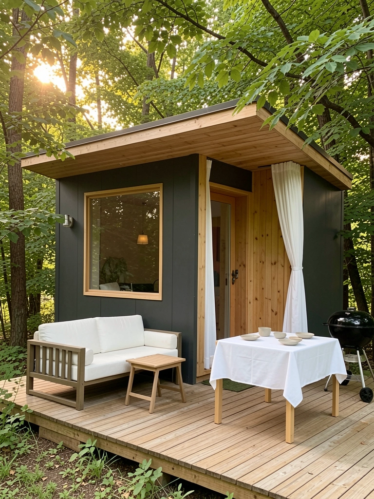 Tiny house cinza escura com detalhes em madeira, deck com sofá branco e mesa, luz filtrada por árvores.