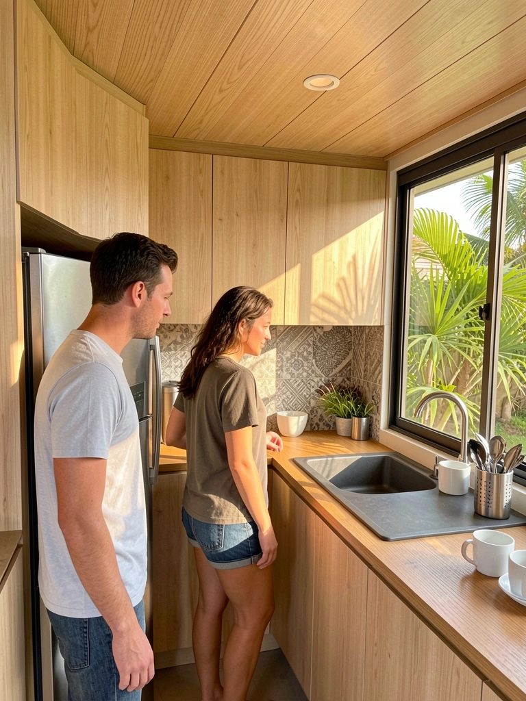 Cozinha compacta com armários de madeira clara, bancada de madeira, geladeira inox e pia cinza escura, sob luz natural que entra por janela ampla.