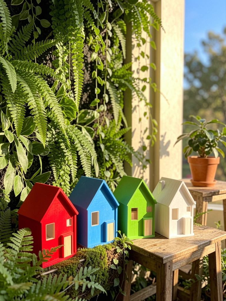 Quatro minicases vermelha, azul, verde e branca em material claro sobre jardim interno, com parede verde ao fundo e luz solar.