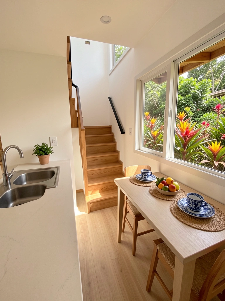 Cozinha compacta com bancada clara, pia de inox, vaso de planta, escada de madeira e janela ampla com vista para jardim florido, luz natural intensa.