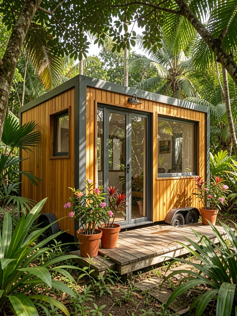 Pequena cabana de madeira honey-toned sobre rodas, com janelas amplas e deck de madeira desgastado, cercada por plantas tropicais em vasos de terracota sob luz solar filtrada.
