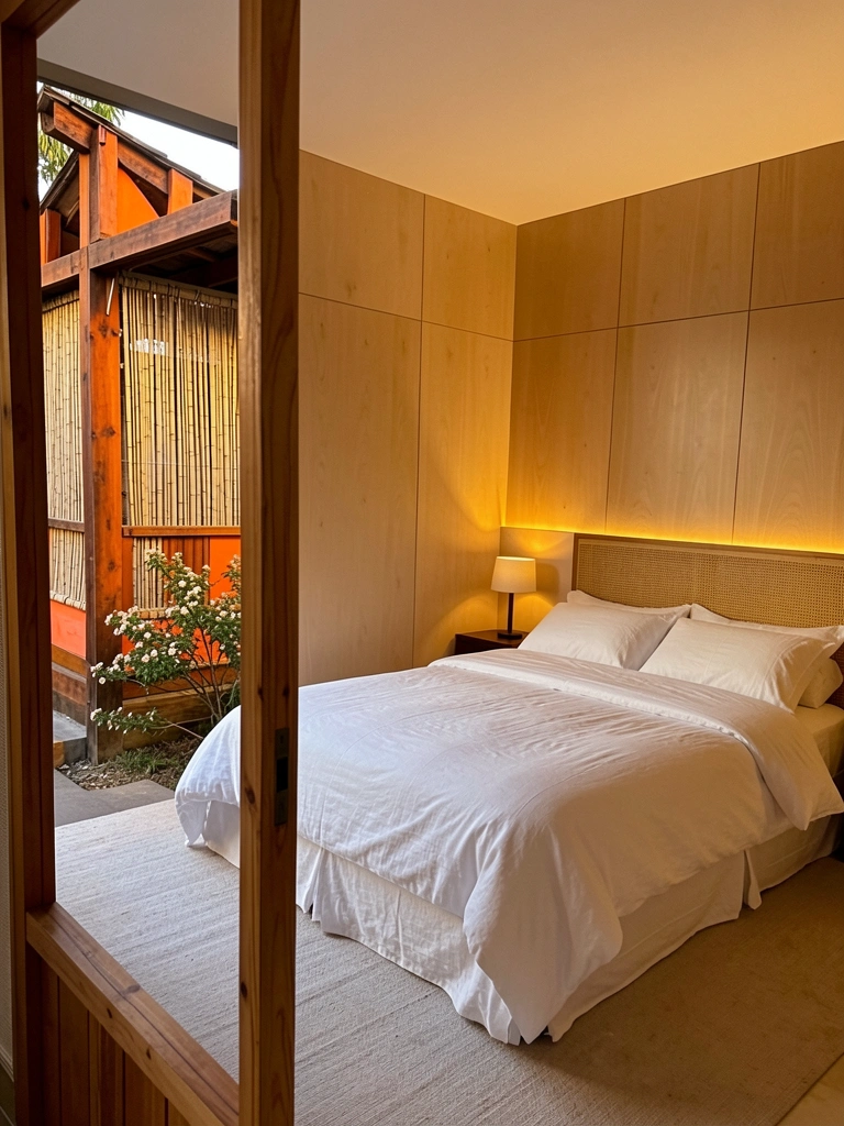 Cama grande com roupa de cama branca e cabeceira de palha trançada, painéis de madeira clara e luz dourada filtrada por biombo vazado.